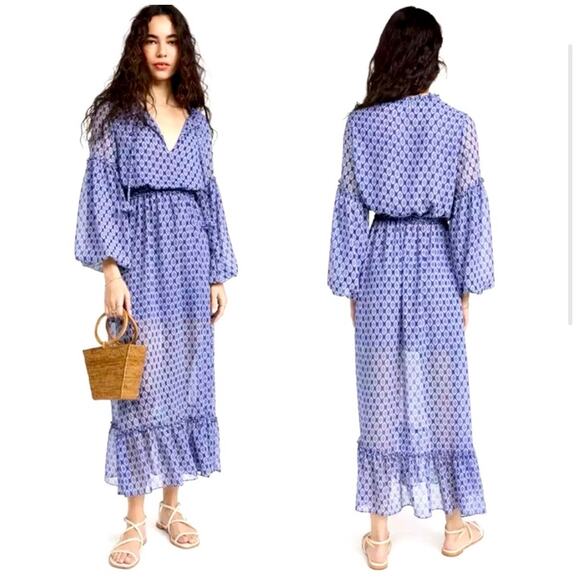 Misa Los Angeles Women's Amata Dress Maxi Blue Pattern Small Sheer A Line - Picture 1 of 10